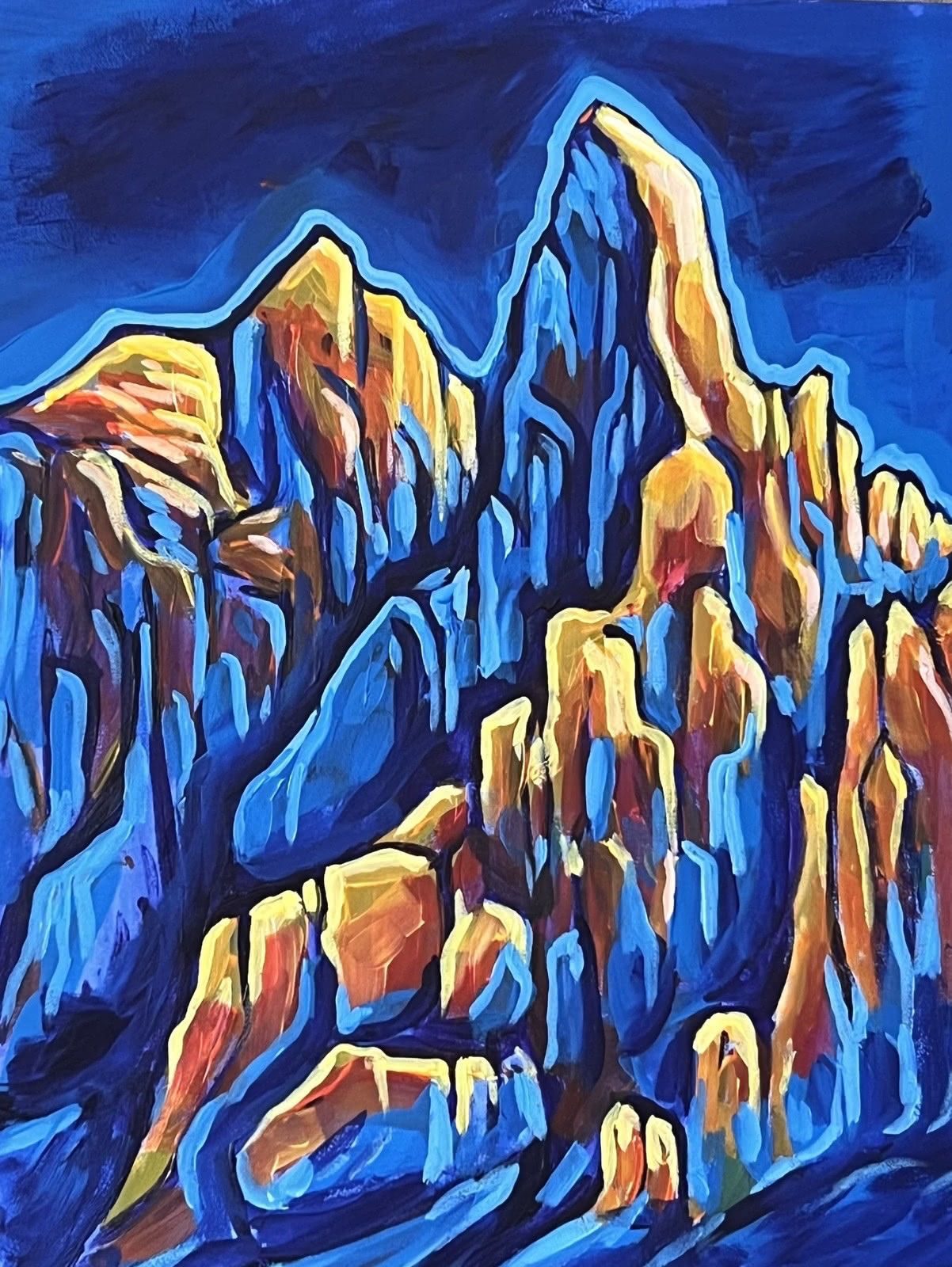 Acrylic painting of sunlit rock towers against a deep blue sky