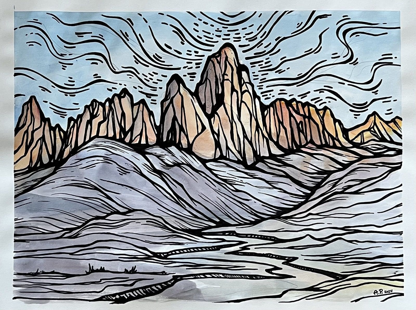 Patagonian granite spires in ink and watercolor above a braided glacial valley