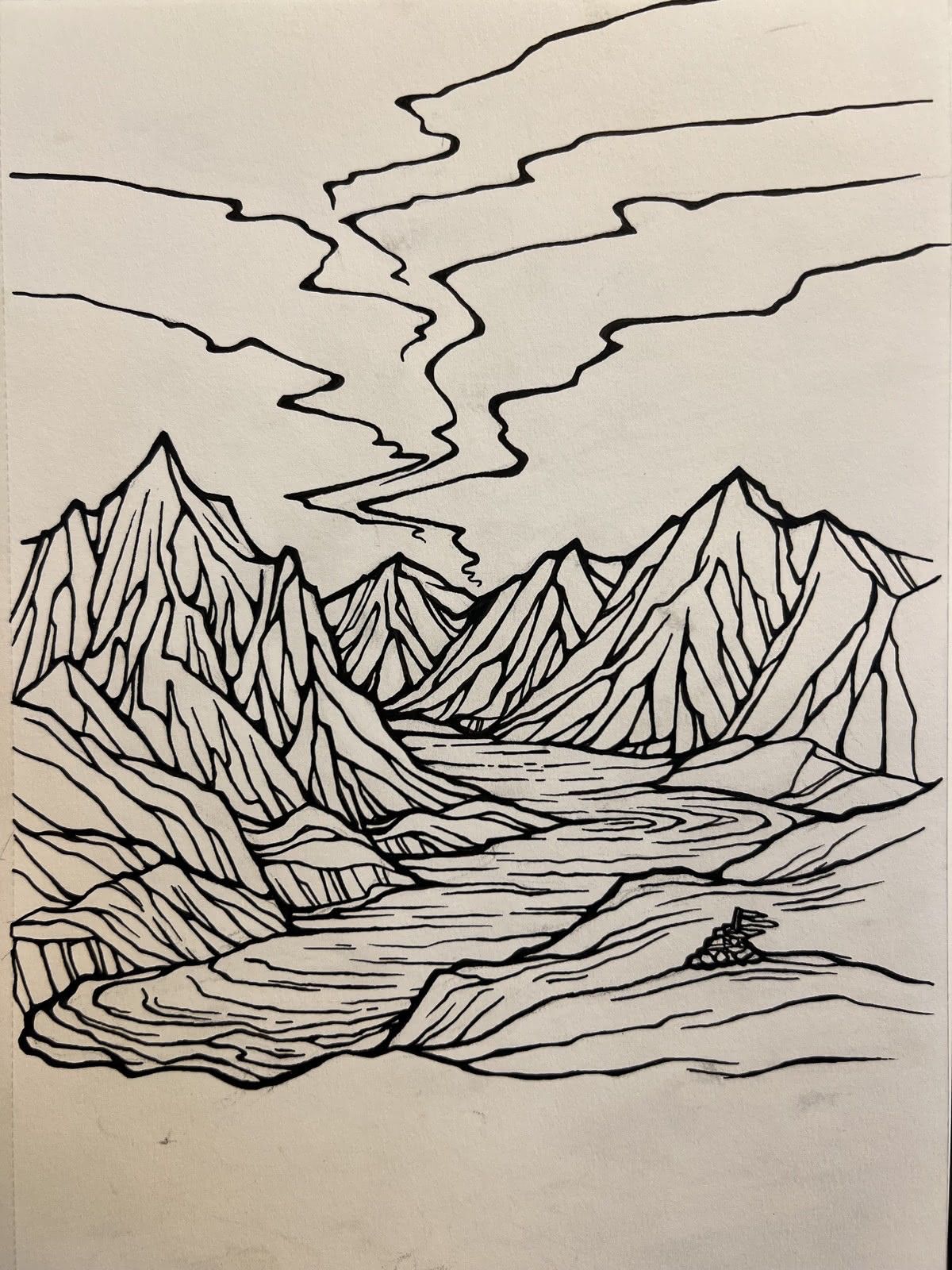 Pen sketch of a river winding out of a jagged range under streaking clouds