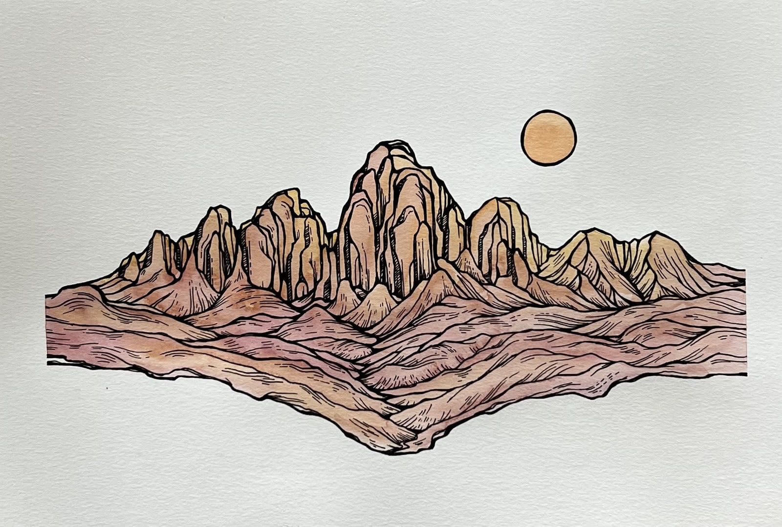 Tan and rose mountain range in ink and watercolor beneath a small orange sun