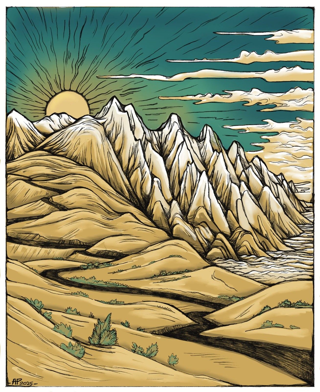 Sunrise over a jagged range, illustration
