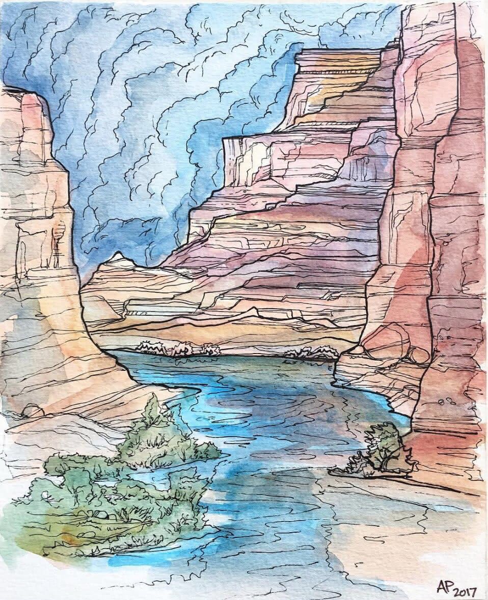 Desert canyon river, watercolor
